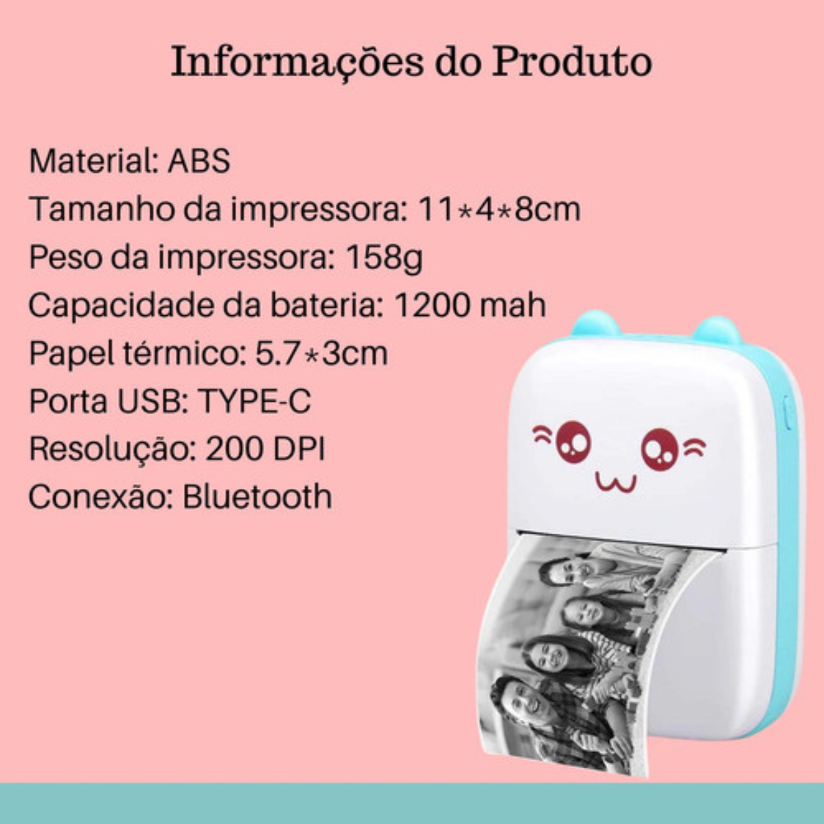 Mini Impressora Térmica Portátil Sem Fio Bt 200dpi Escolar